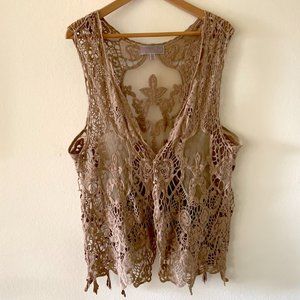 Pretty Angel XL Linen Blend Lace Vest Handkerchief Hem Pearlized Buttons